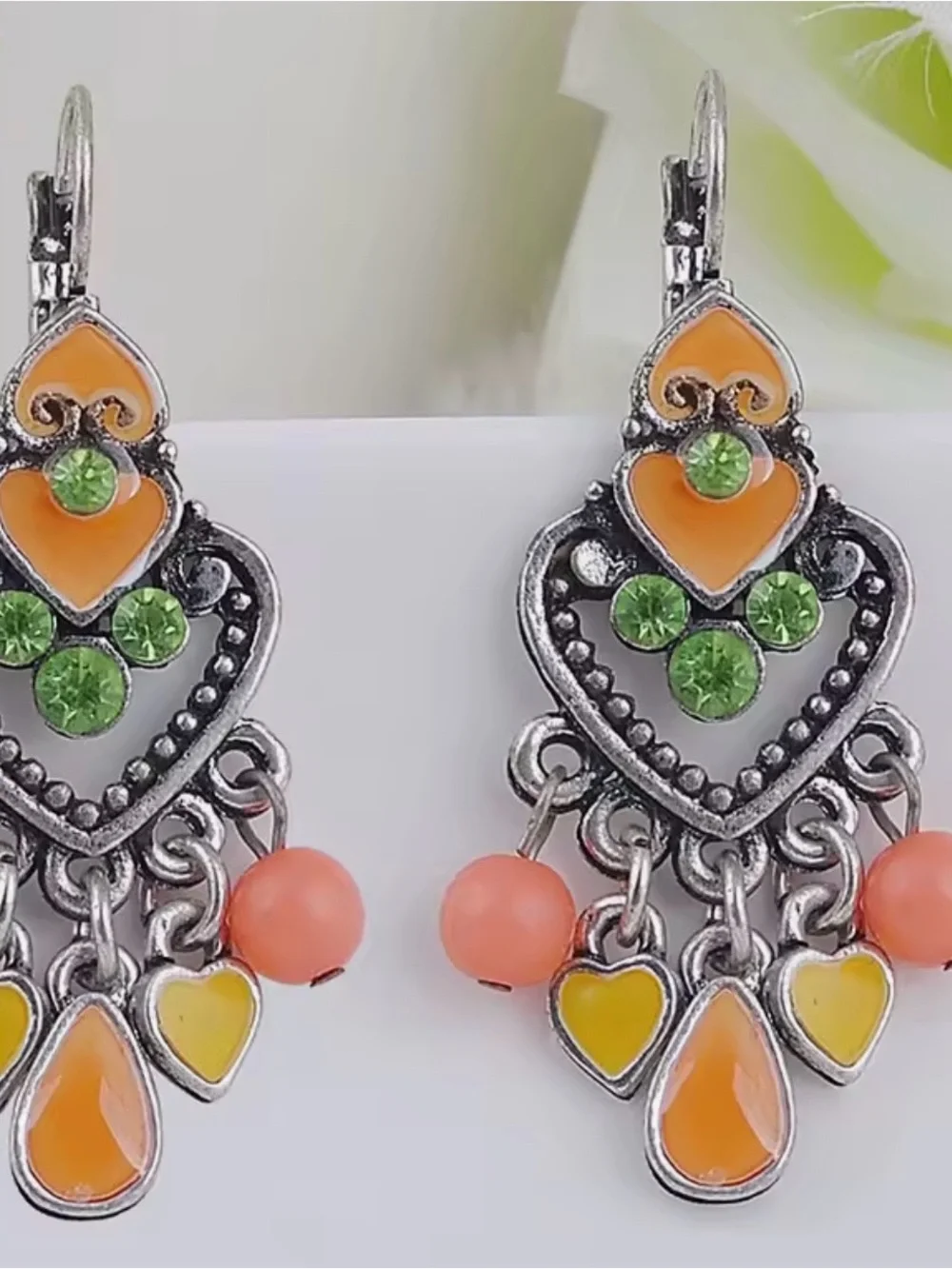 NEW Bohemian Orange & Green Heart Dangle Earrings